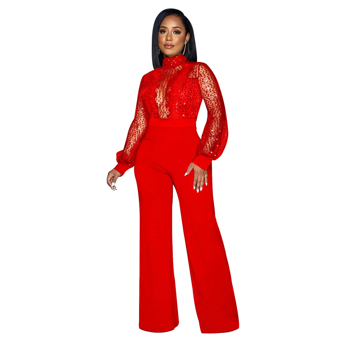 HBLL Women Sequin Lace Jumpsuit Elegant Long Sleeve Wide Leg Pants Sexy See Through Evening Party Outfits Jumpsuits With Belt