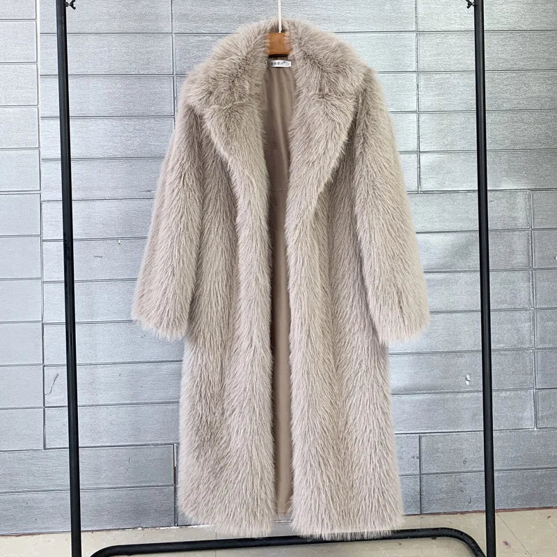 Women's Autumn Winter Long Maxi Faux Fur Coat Notched Lapel Collar Oversized Long Sleeve Pockets Thick Lady Warm Winter Overcoat