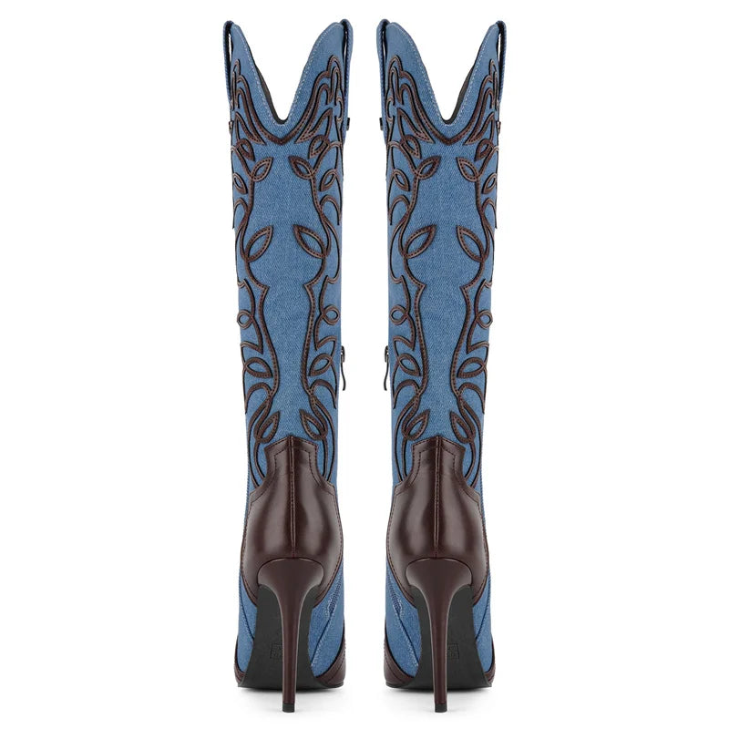 Onlymaker Women Pointed Toe Embroidered Blue Denim Stiletto Heel Knee High Boots Side Zipper Plus Size Fashion Boots