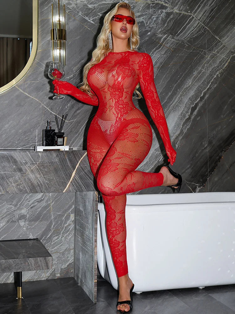 Sexy Long Sleeve Bodysuit Women Black Floral Lace See Through Backless Sheer Mesh Jumpsuit Slim Bodycon Lingerie Exotic Apparel