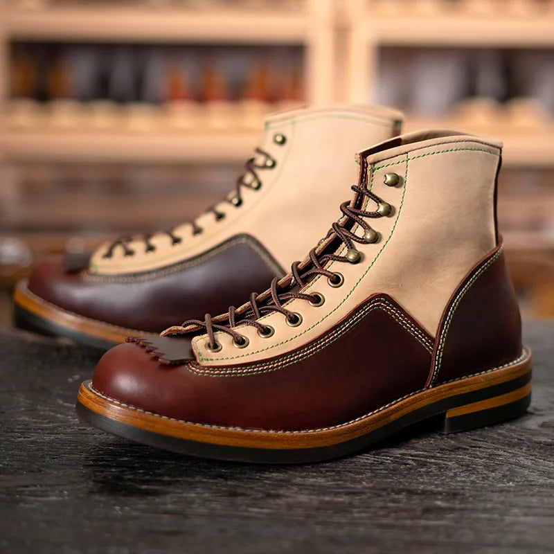 Hand Sewn High Top Men's Shoes with Trendy Lightweight Soles for Outdoor Work Boots