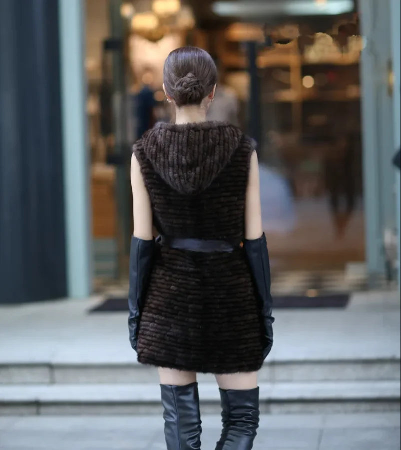 winter ladies fur vest genuine mink fur knitted warm outerwear with hood and belt 80cm long gray black autumn waistcoat
