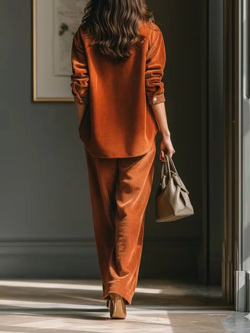 Retro Corduroy Shirt and Wide Leg Pants Matching Set, Autumn Winter Casual Blouse Top and Trousers Jumpsuit