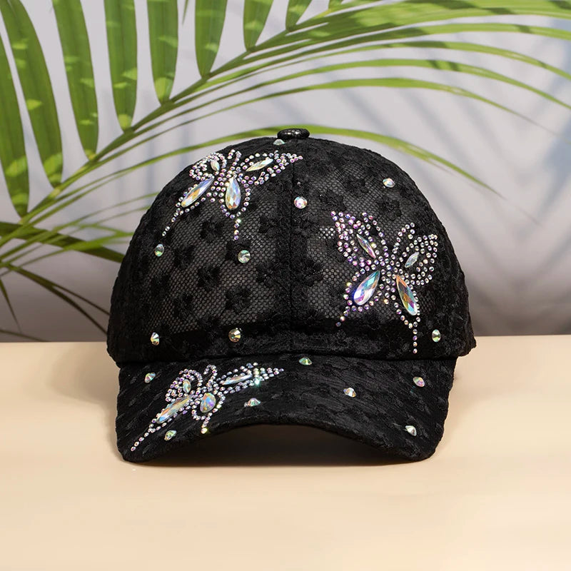 Fashion Women Spring Summer Baseball Caps Breathable Rhinestone Butterfly Hats Lace Hollow Caps