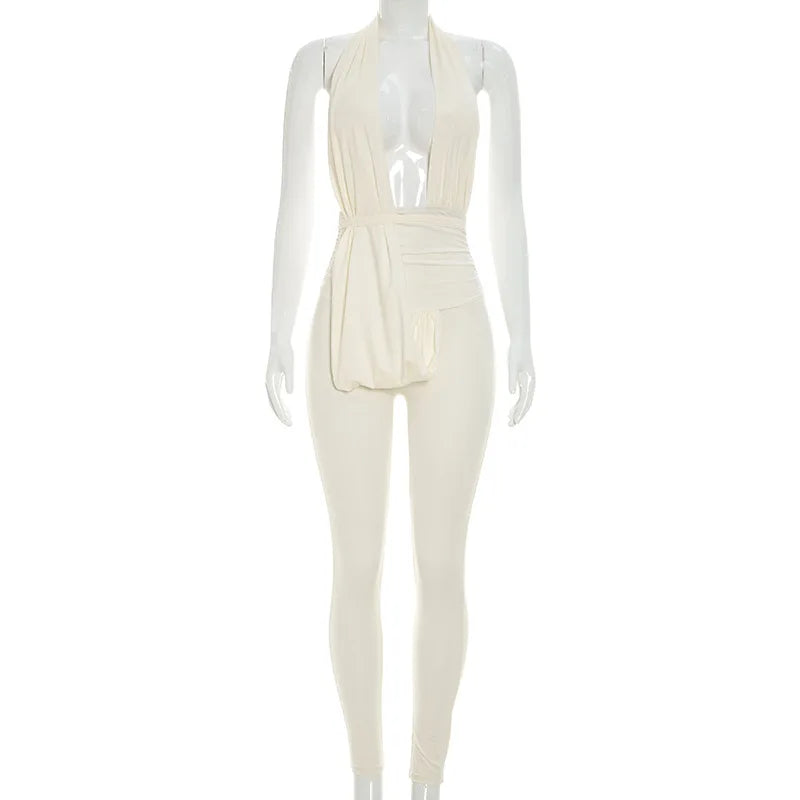 FLARORA Sexy Halter Backless Jumpsuits Woman Deep V-neck Sleeveless Ruched Waist With Draped Tie Skinny Jumpsuit Party Clubwear