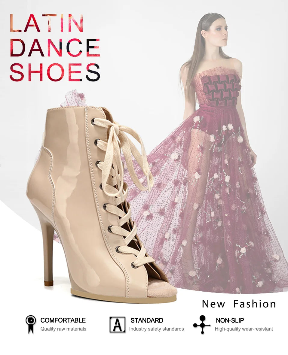 Women Sexy Thin High Heel Dance Shoes Party Ballroom Pole Jazz Lace Up Platform Dancing Boots Short Tube Heels 8.5/9.5CM Booties