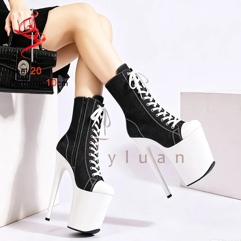 20CM/8Inch Extreme High Heel Platform Ankle Booties for Women Pole Dance Shoes Front Lace Up Black Denim Canvas Stiletto Boots