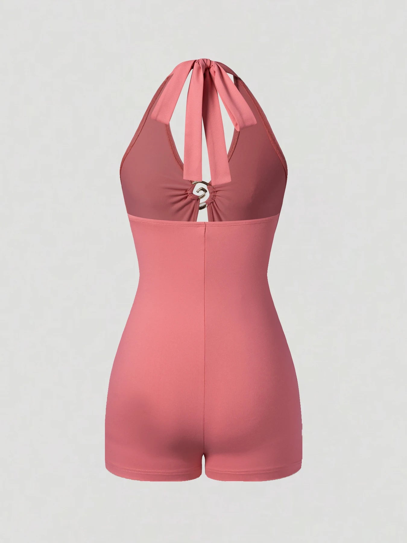 Women's Pink Halter Romper Sleeveless Cutout Metal Ring Detail Bodycon Short Jumpsuit Sexy Spring Summer Party Beachwear Romper