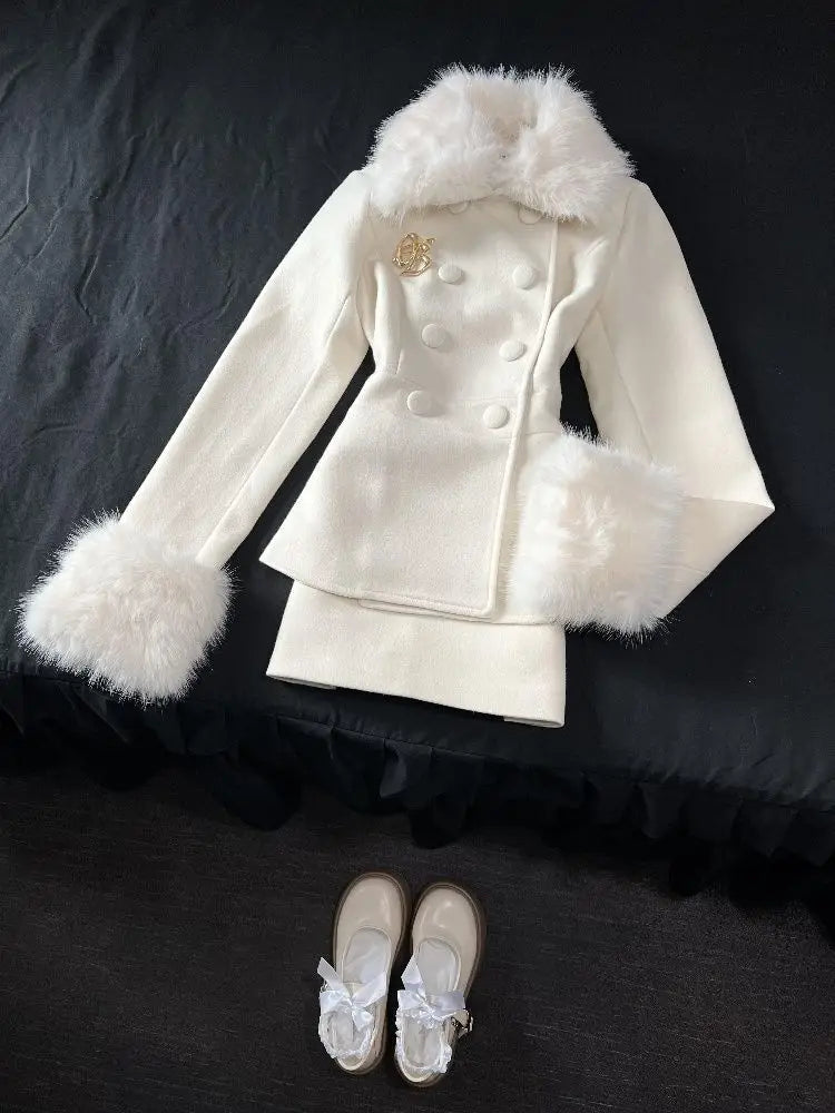 Winter French Elegant Women's Sets Korean Fashion Vintage Design 2 Piece Set Slimming Fur Collar Suits Chic Outfit Woman Clothes