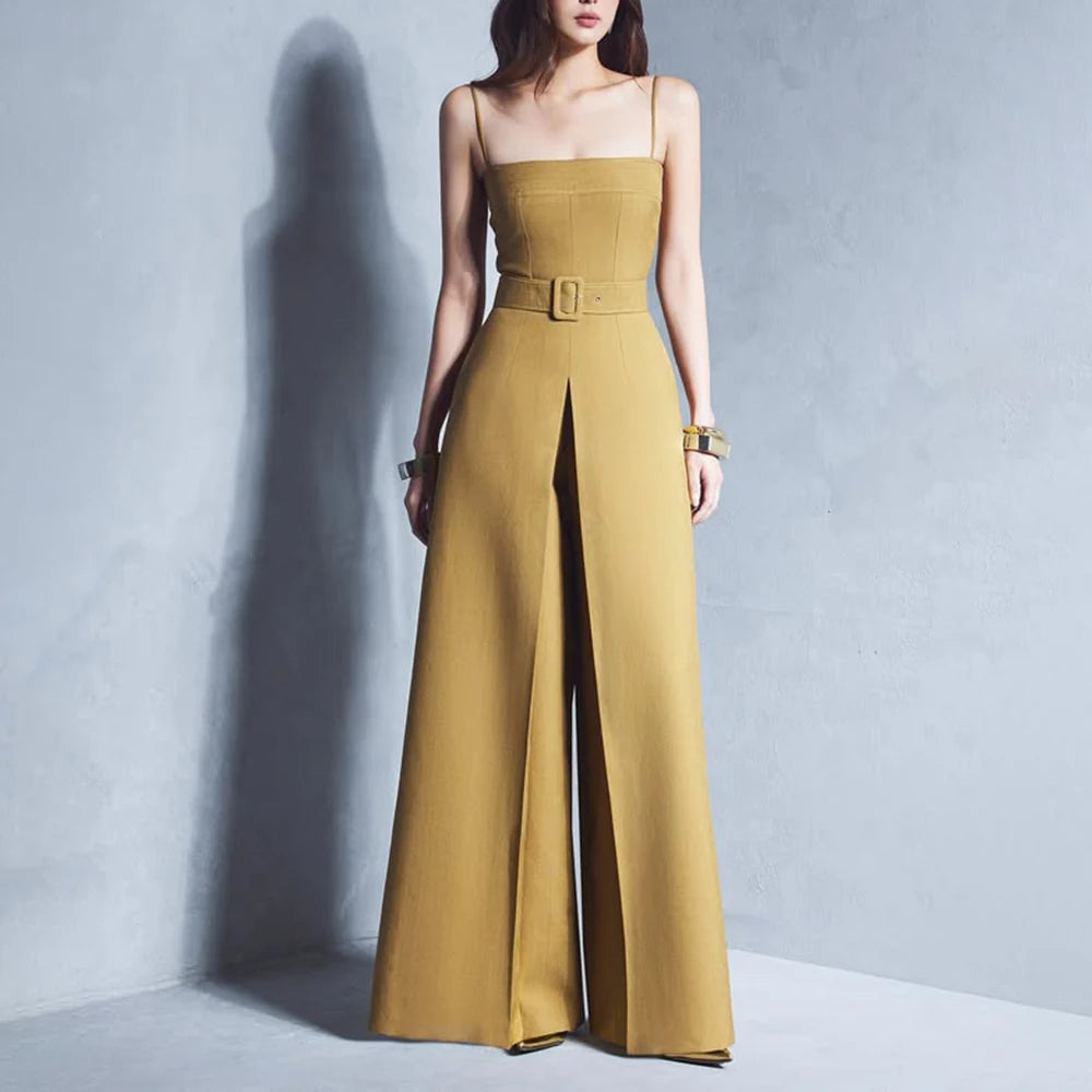 TWOTWINSTYLE Slimming Fahion Jumpsuits for Women Square Neck Sleeveless Patchwork Belt Temperament Jumpsuit Female Clothing New