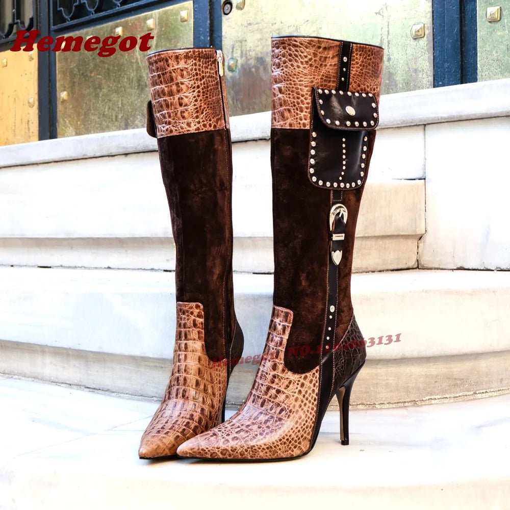 Croc-Pattern Patchwork Knee High Boots Rivet Pocket Stiletto Heels Women's Long Boots Buckled Splicing Casual Shoes 2026 New