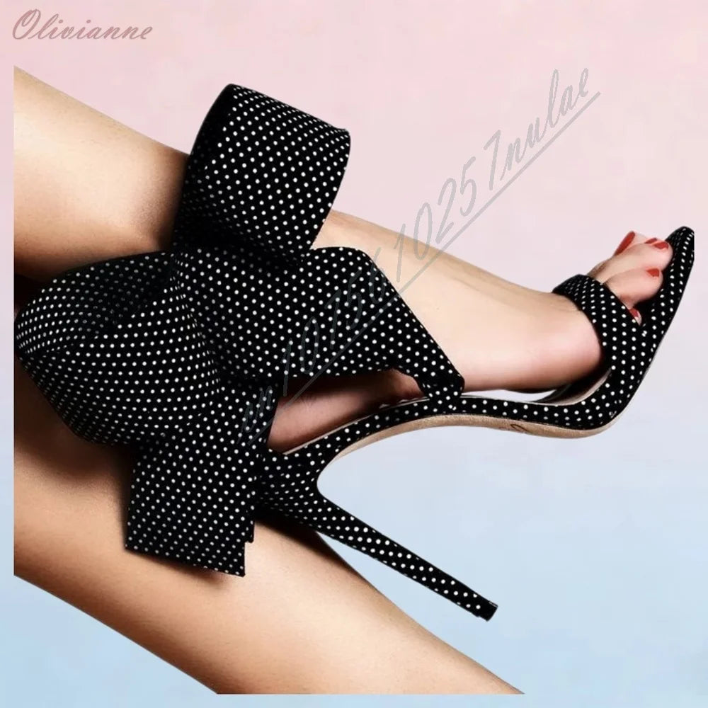 Polka Dot Tulle Big Bow Pumps Stiletto Heels Pointed Toe Backless High Heels Wedding Party Evening Dress Women Shoes Fashion
