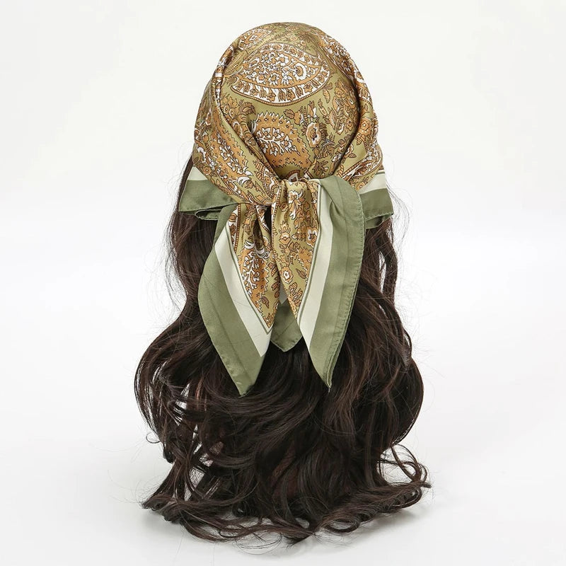 Fashion Bohemian Style Floral Print Women’s Square Silk Scarf Satin Head Wrap Tropical Leaf Flower Design Scarves Bandana Hijab