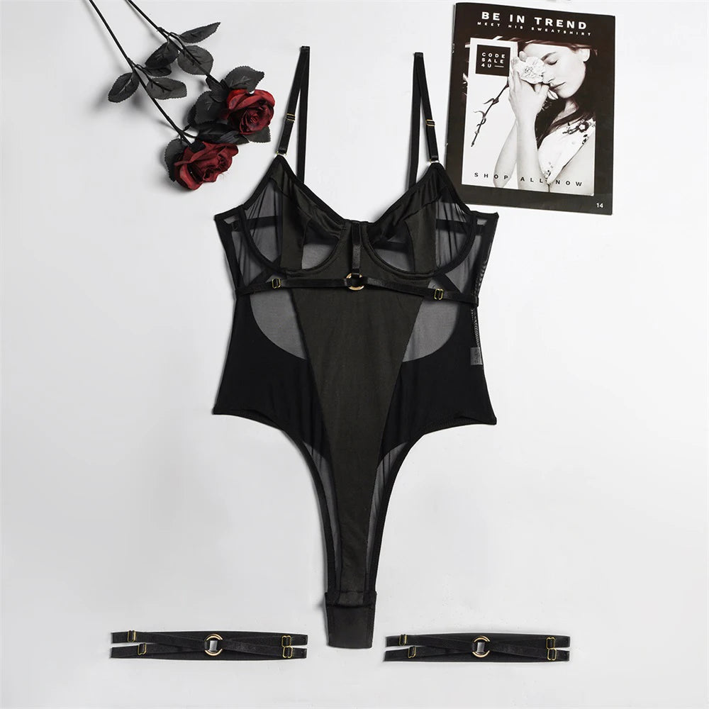 Hot One-piece Sexy Lingerie Set Backless Bodysuit Women Black Mesh Patchwork Sexy Bodysuit Erotic Underwear See Through Intimate