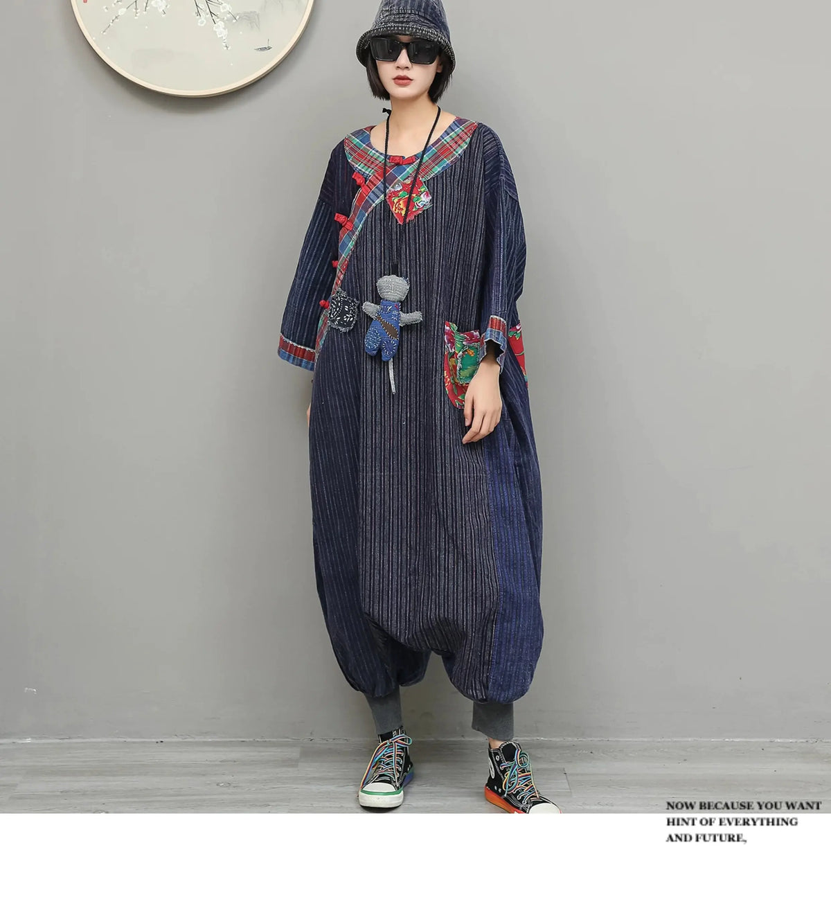 Unique Stylish Patchwork Jumpsuit Women Chinese-style Diagonal Button Long Sleeves Overalls Loose Fit LX6834