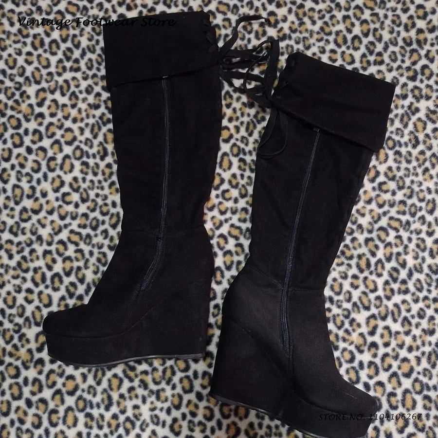 Sequins Angle Wings Knee-high Boots Fashion Round Toe Hight Wedges Platform Shoes Street Style Glittering Trending Suede Boots