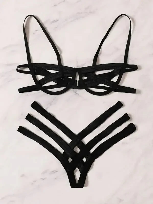 Sexy, tempting, ladies bondage lingerie set black-elastic mesh bra and g-string, cupless sexy lingerie 2-piece set