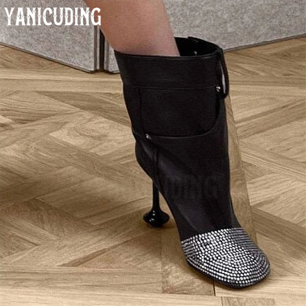 Rhinestone Pocket Booties Novelty Designer Style Strange Heel Ankle Boots Soft Leather Luxurious Bling Bling Booties for Women