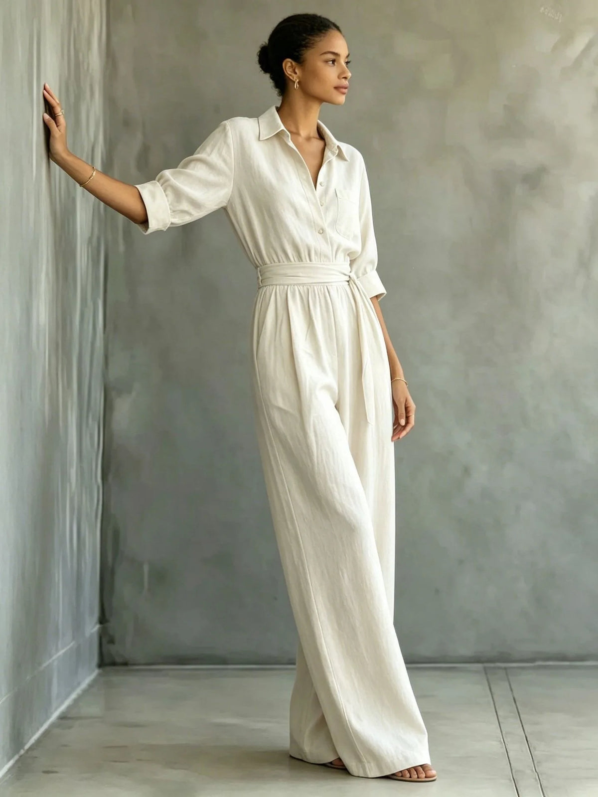 Women's Mid-sleeve Shirts Jumpsuits Spring Summer New 2026 New Fashion Elegant Waisted Lace-up Wide-leg Trousers Female Rompers