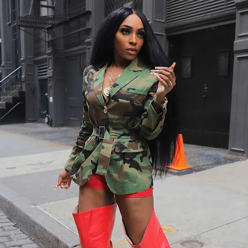 Women Camouflage Coats Belted Jacket Long Sleeves Notch Lapel Collar Single Breasted Slim Streetwear Casual 2025 Spring Autumn