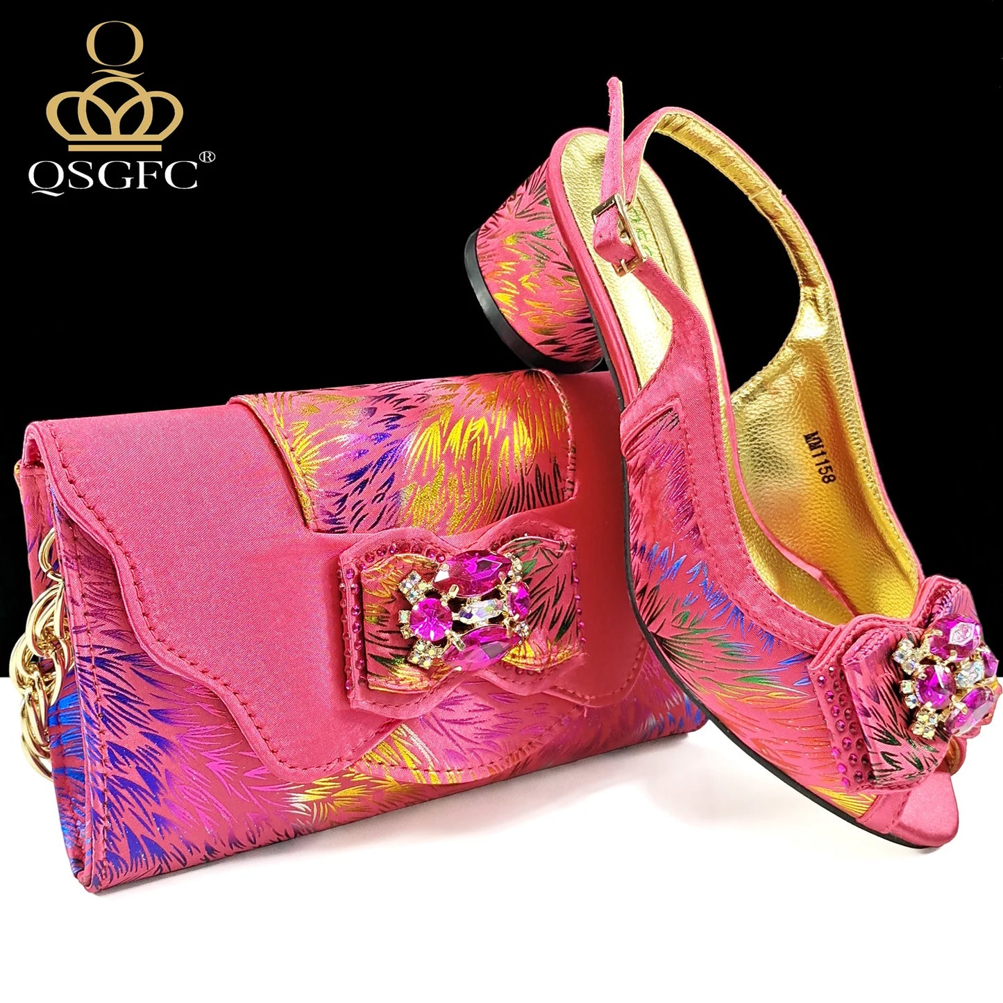QSGFC Italian Design Color Matching Rhinestone Comfortable High Heel Shoes And Bag Fashion Style Pointed-Toe Shoes For Women