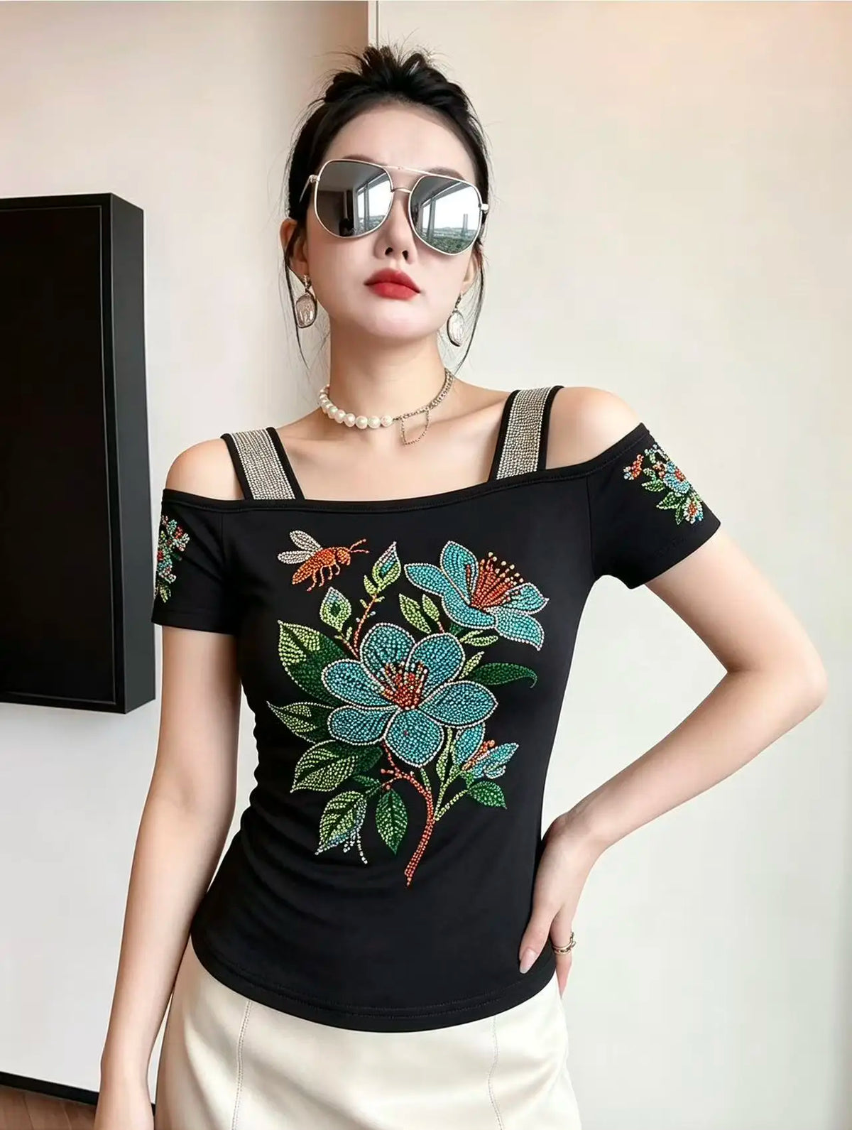 High Quality Elasticity Clothes Fashion T-Shirts Women's Sexy Off Shoulder Shiny Diamonds Mesh Tops Summer Tees Shirt