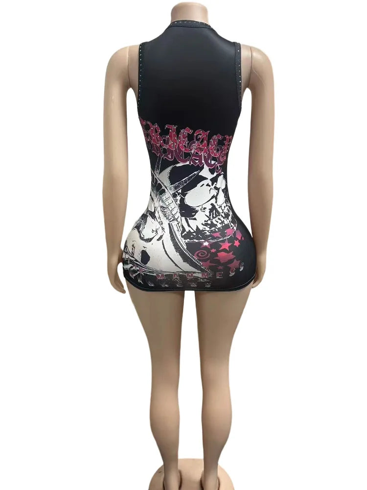 STYLISH LADY Letter Graphic Rhinestone Mini Dress Women Sleeveless Bodycon Tank Dress Gothic Streetwear Night Club Party Dresses