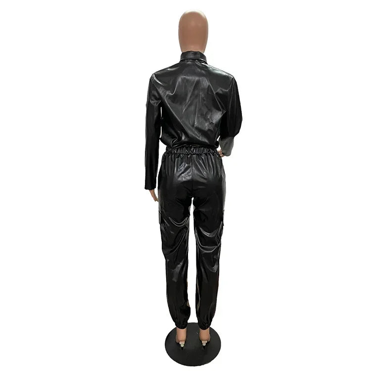 Women Jacket Sets 2 Piece Long Sleeved Slim PU Leather Gripped Pants Set Solid Zipper Fly Pencil Pants Slim Fit High Street Suit