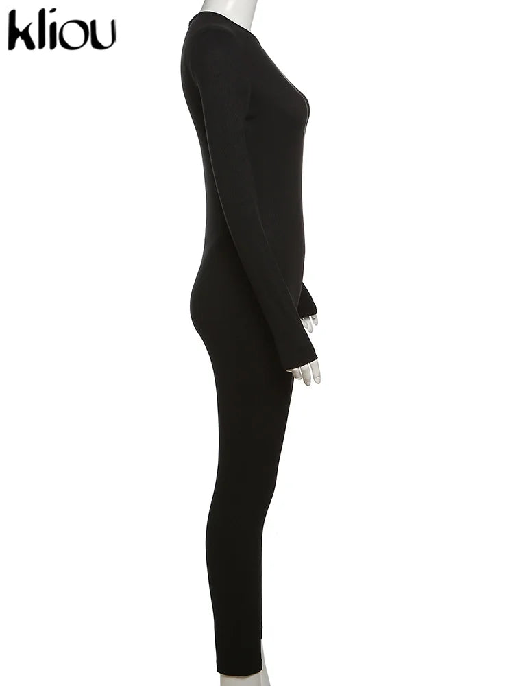 kliou Casual Basic Jumpsuits Women Concise Autumn Full Sleeve O-neck Body-shaping Overall Solid Sporty Daily Lady Classic Cloth