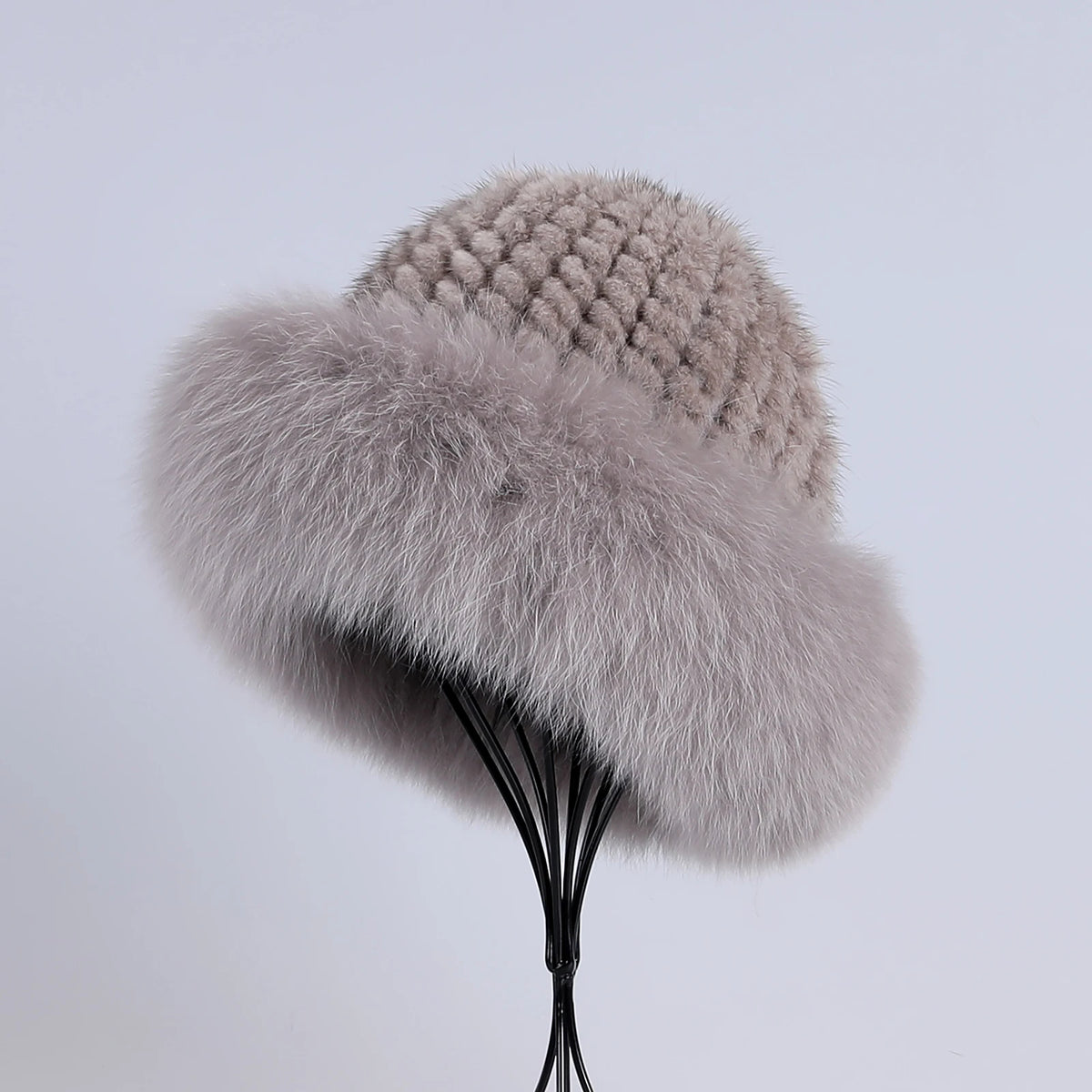 Women's Winter Warm Genuine Premuim Mink Fur Knitted Bucket Hat Furry Real Fur Caps Big Fox Fur Trim Brim Adjustable