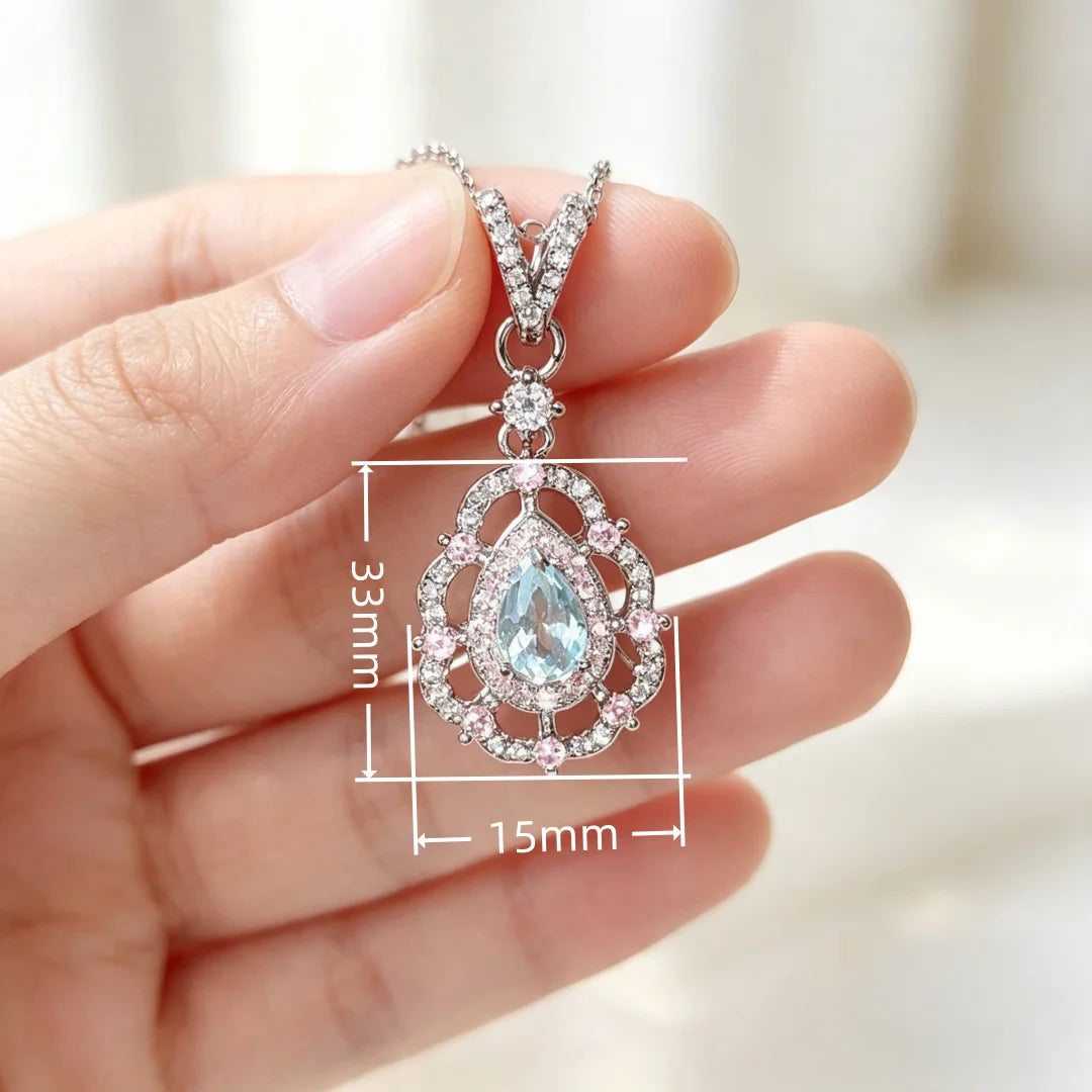 925 Sterling Silver Light Luxury Fashion Light Blue Zircon Micro-set Pink Diamond Water Drop Ladies Necklace
