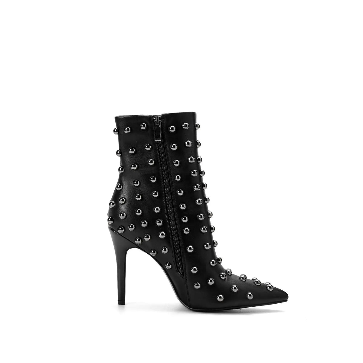 Women PU Studded Ankle Boots Pointed Toe Stiletto High Heel Metal Rivet Decor Punk Rock Fashion Party Short Booties F462