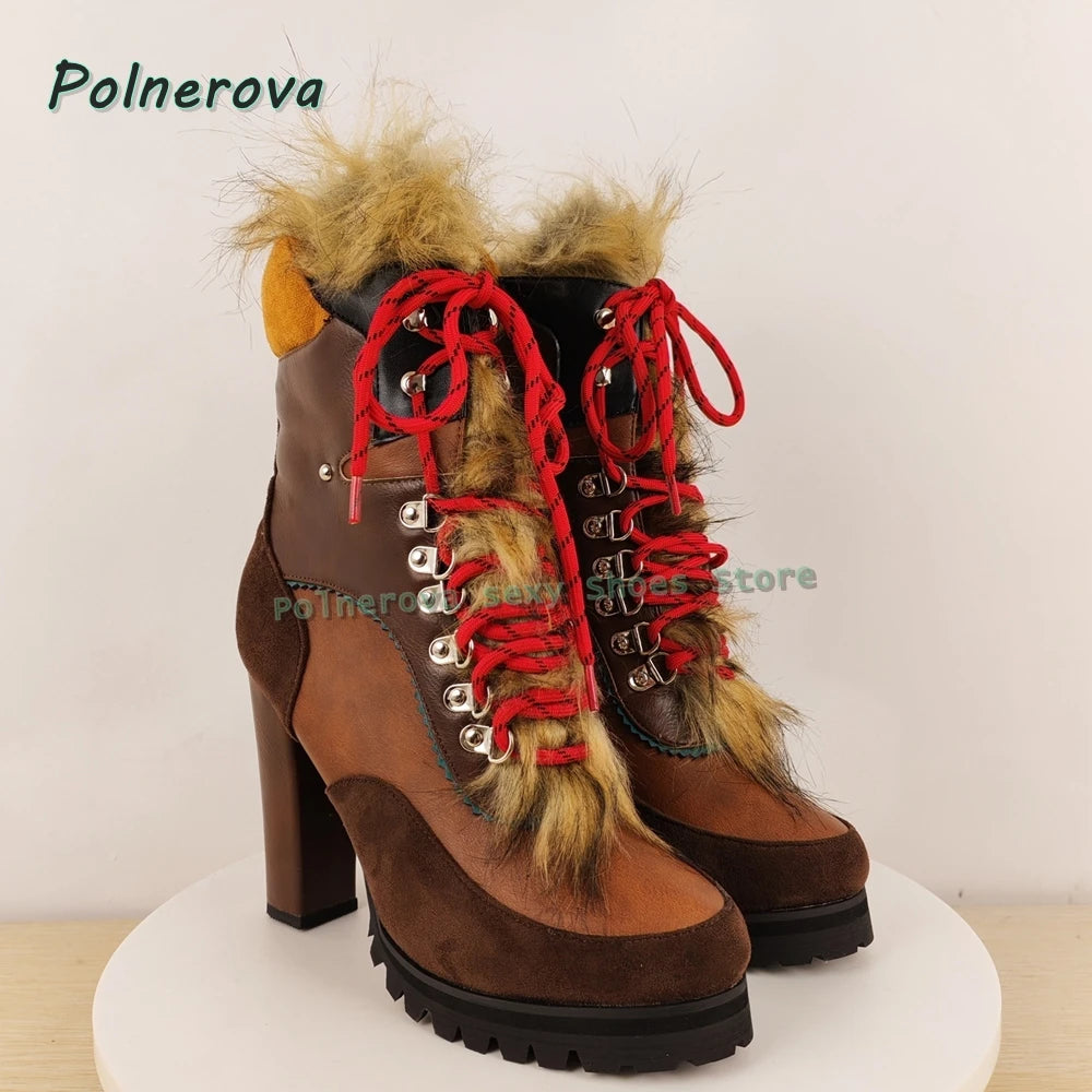 Faux Fur Cross Tied Fashion Boots 2026 New Arrivals Round Toe Toe Strange Style Mixed Colors Women Sexy Mid-Calf Boots Trend