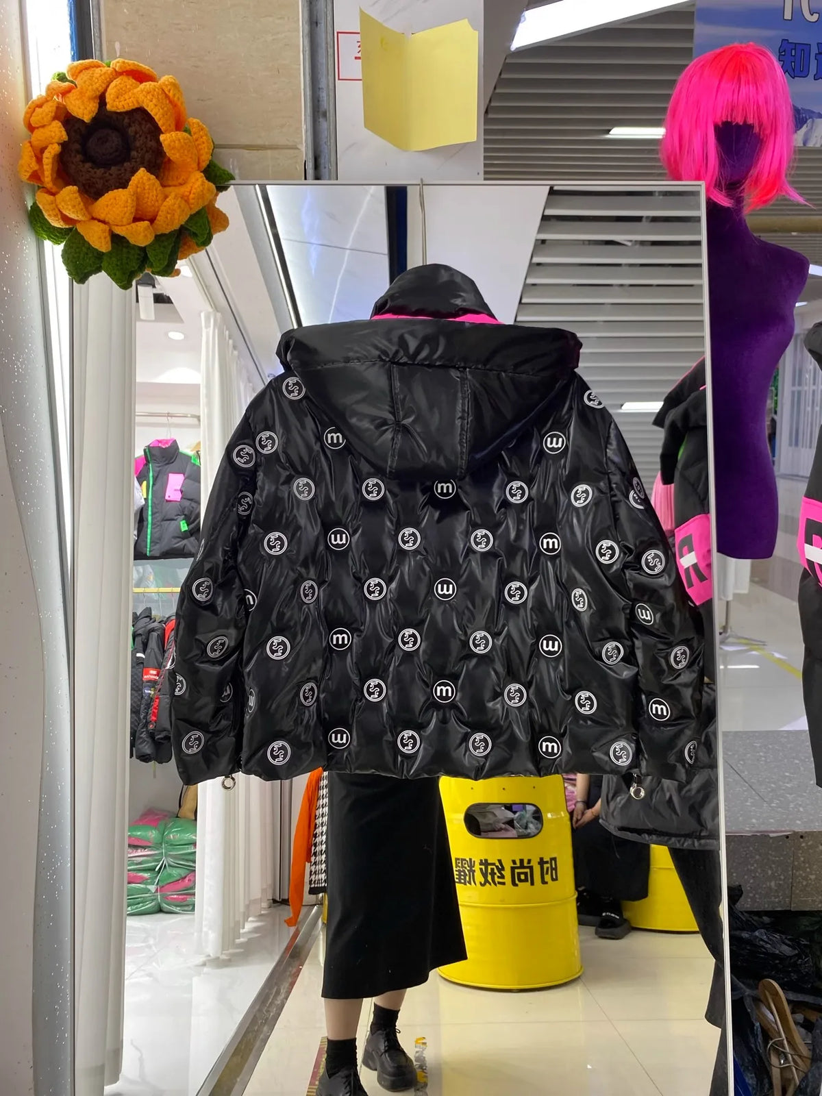 Bright Printed Down Jacket Fashion Hooded Color Block Short Jackets Winter Wash Free Loose Thick 90 White Duck Puffer Coat Women