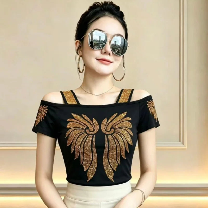 High Quality Elasticity Clothes Fashion T-Shirts Women's Sexy Off Shoulder Shiny Diamonds Mesh Tops Summer Tees Shirt