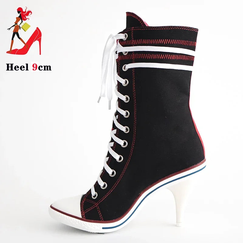 Sport Style Lace Up Denim Boots Ladies Retro Cowboy Dress Shoes Female Unique Shoes Casual Studded High Heels Spring Autumn Boot