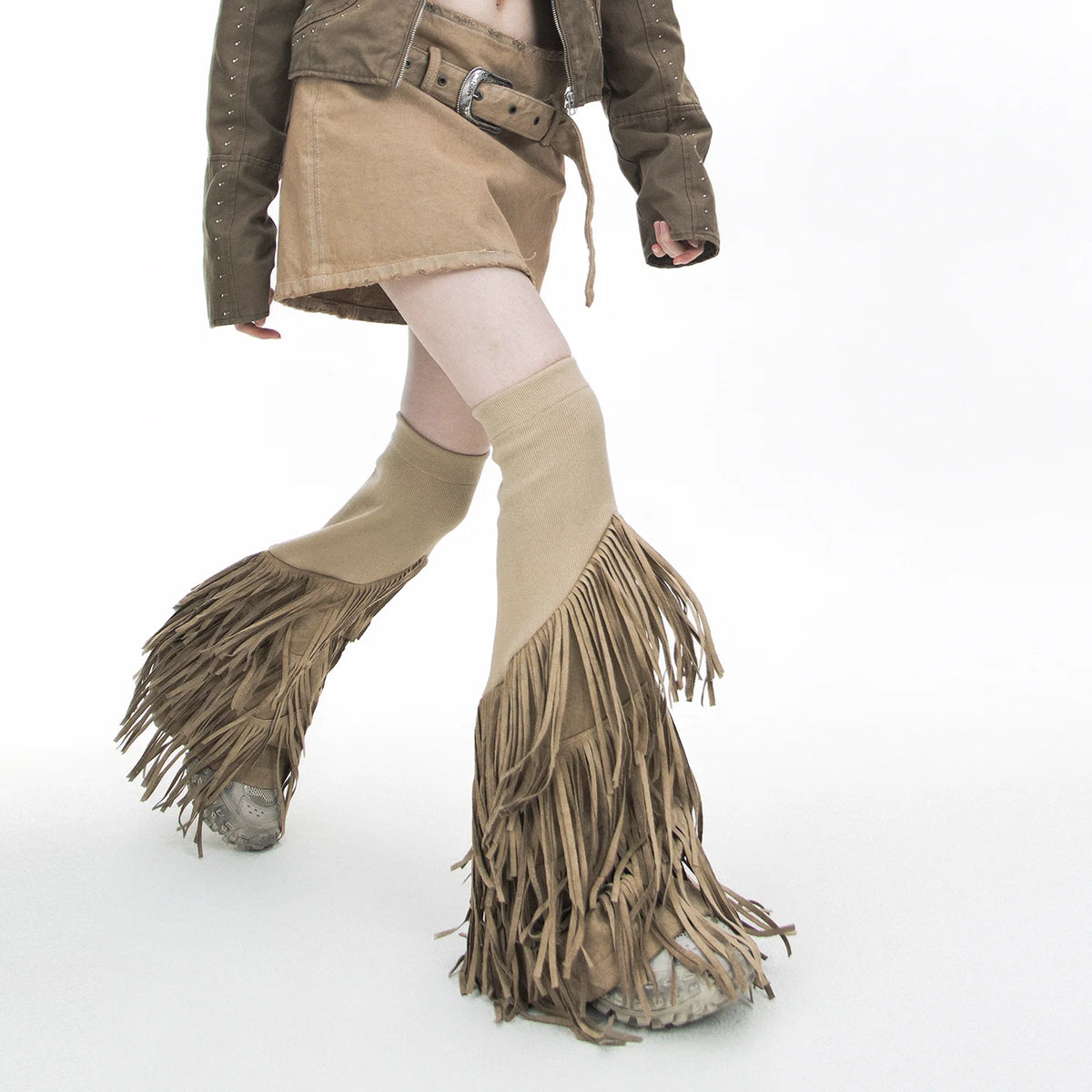 Suede Fabric Tassel Knitted Elastic Punk Vintage Flared Leg Warmers Woman Fashion Elegant Gothic Leg Sleeve