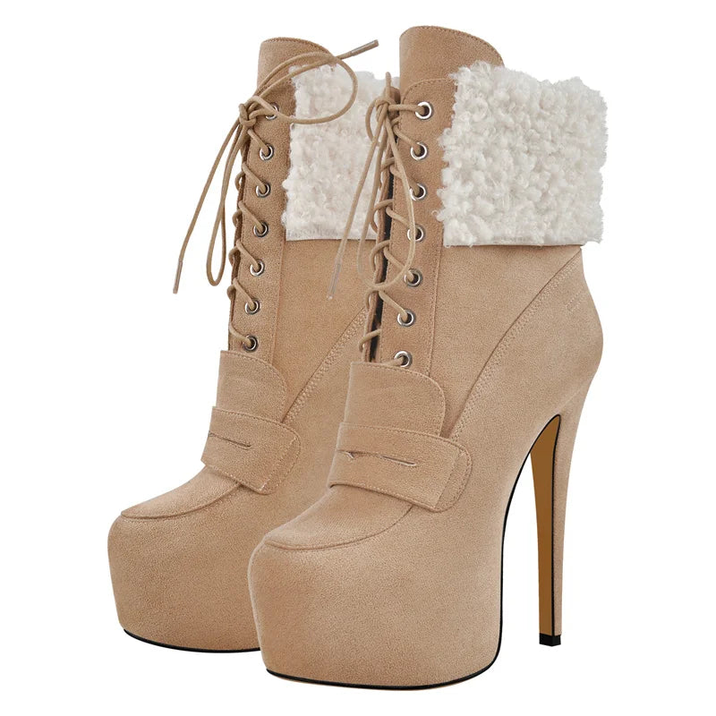 Onlymaker Women Round Toe Platform Ankle Boots Lace Up Comfort Faux Suede Classic Ankle Boot