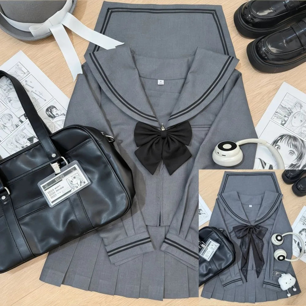 Basic Grey Sailor Suit Set, School Uniform, Preppy Style, Short-sleeved, Long-sleeved, and Short-skirted.