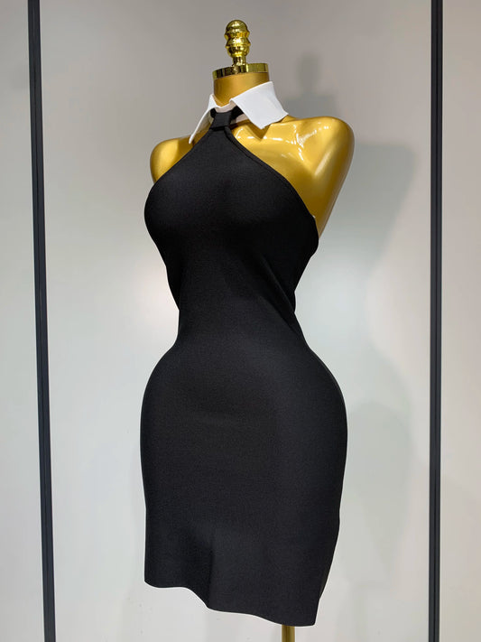 Women Sexy Backless White Shirt Collar Black Mini Bodycon Bandage Dress 2025 Elegant Evening Club Party Luxury Birthday Dresses