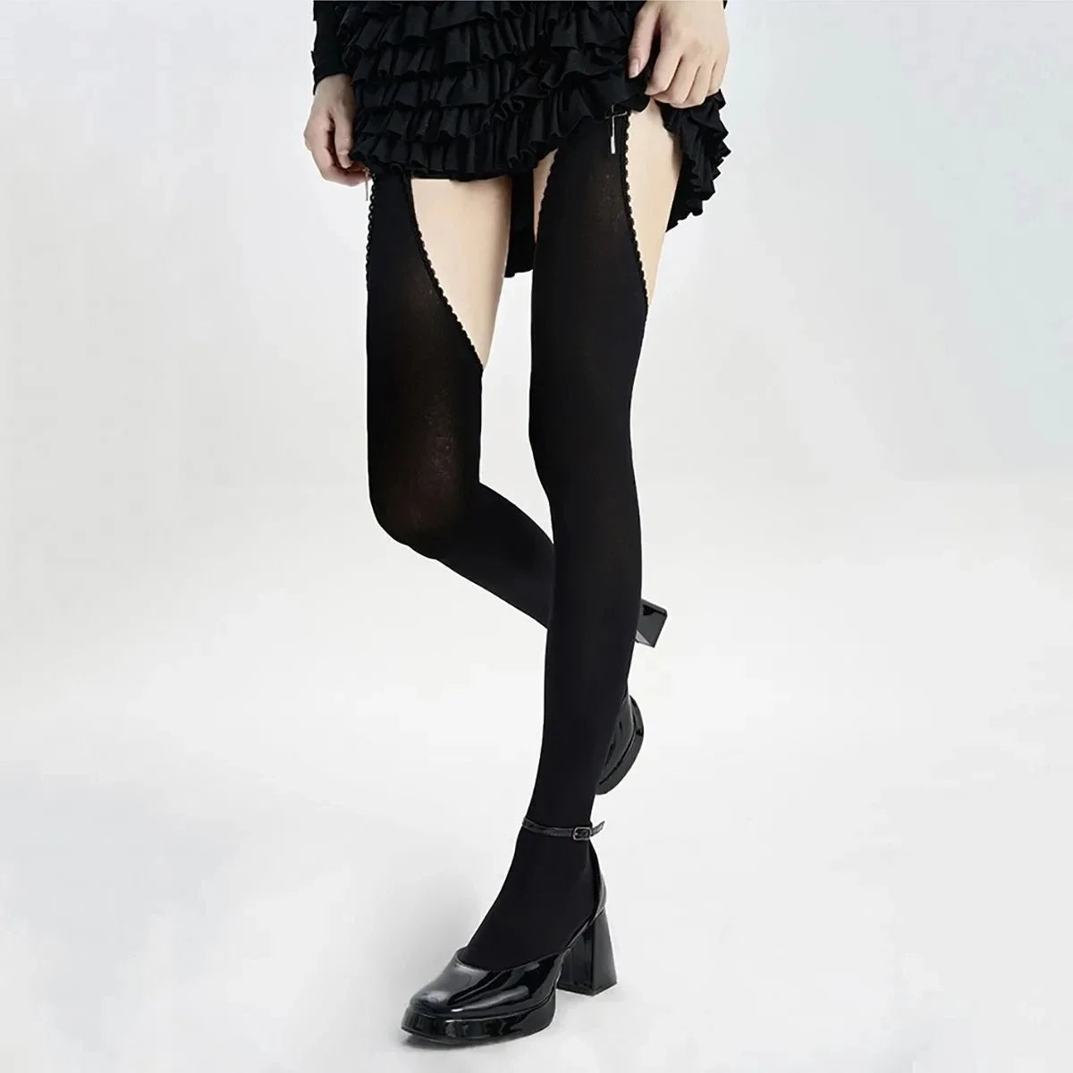 Women Suspender Wide-banded Velvet Tights Lolita Thin Thigh High Stockings with Garters Y2K JK College Style Over The Knee Socks
