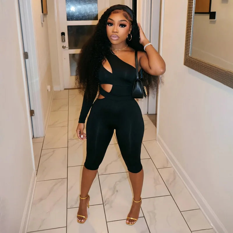 JENYAGE Women One Shoulder Cutout Jumpsuit Soft Stretchy Solid Color Sexy Long Sleeve Asymmetrical Bodycon Knee Length Romper