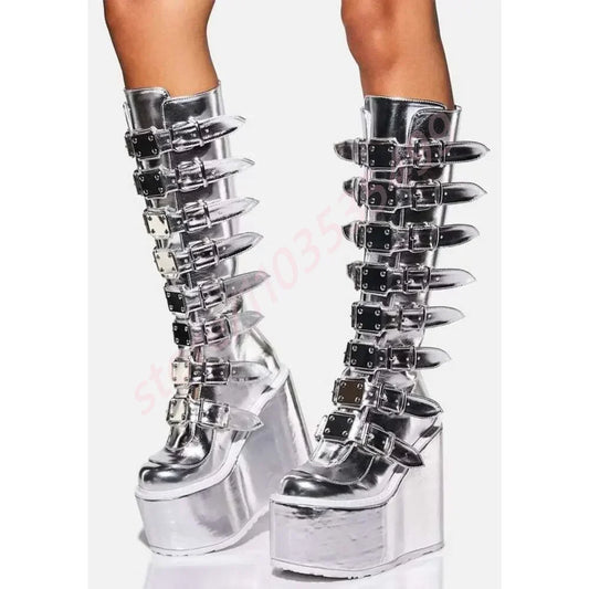 Platform Rock Belt Buckle Motorcycle Boots 2025 New Punk Round Toe Wedge Party Stage Boots Street Fashion Large Size Calf Boots