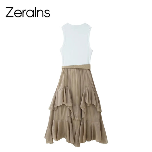 ZERAINS Women's Spring/Summer New Product Versatile Sleeveless Round Neck with Belt Stacked Splicing Tank Top Dress
