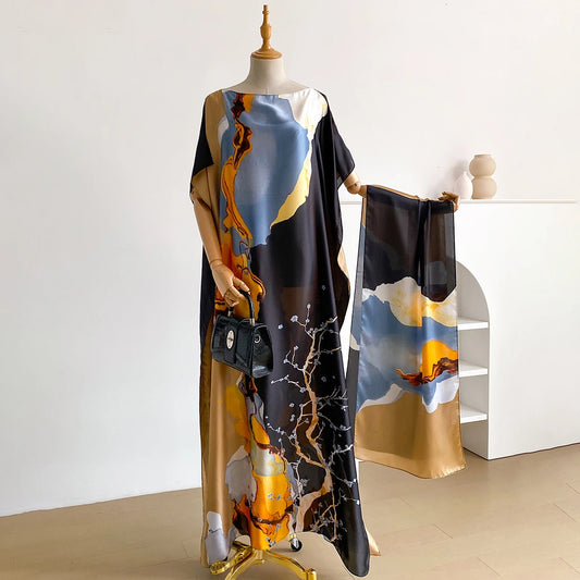 Summer Fashion Kaftan Dress for Women with Big Scarf Loose Abaya Muslim Style African Casual Print Shawl Robe - New 2026
