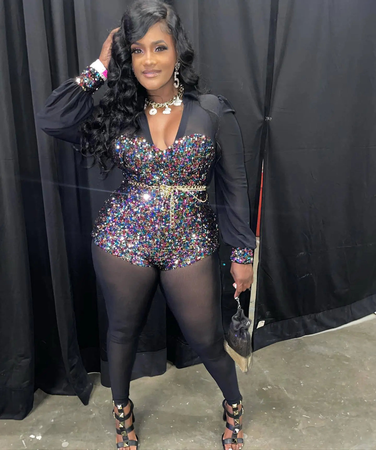 Sequined Club Pencil Jumpsuit Sexy Women V-neck Bodycon Autumn Sequins Party Overalls Romper
