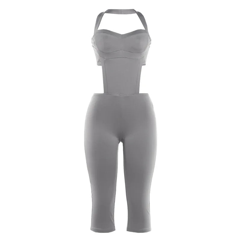 Women Fashion Sexy Hollow Out Halter Backless Skinny Knee Length Jumpsuits Solid Strapless Booty Lifting Slim cASUAL oVERALLS