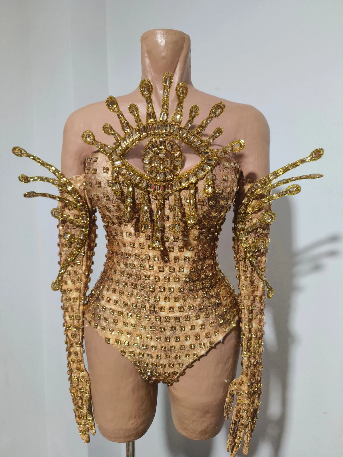 Sexy Sparkly Golden Rhinestones Eyes Stretch Bodysuit Women Eveing Birthday Party Nightclub Bar Singer Dancer DJ Stage Costume
