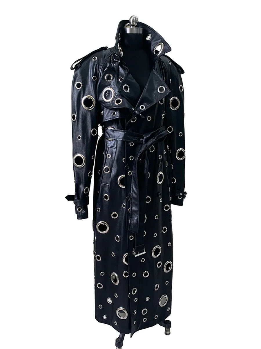 Nerazzurri Autumn Oversized Extra Long Pu Leather Trench Coat for Women Holes Hollow Out Luxury Designer Emo Streetwear Overcoat