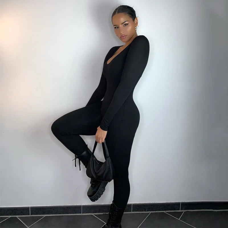 Women's Jumpsuit Bodycon Long Sleeve Fitness Romper Activity Playsuit Winter Basic Clothes Black White Brown Jumpsuits
